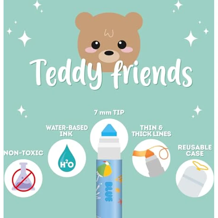 Legami - Set mit 12 Filzstiften, Teddy Friends, 12 sortierte Farben, waschbar und ungiftig, nicht eindringende Spitze, feine und breite Striche, für Kinder und Mädchen, wiederverwendbare Verpackung – Bild 3
