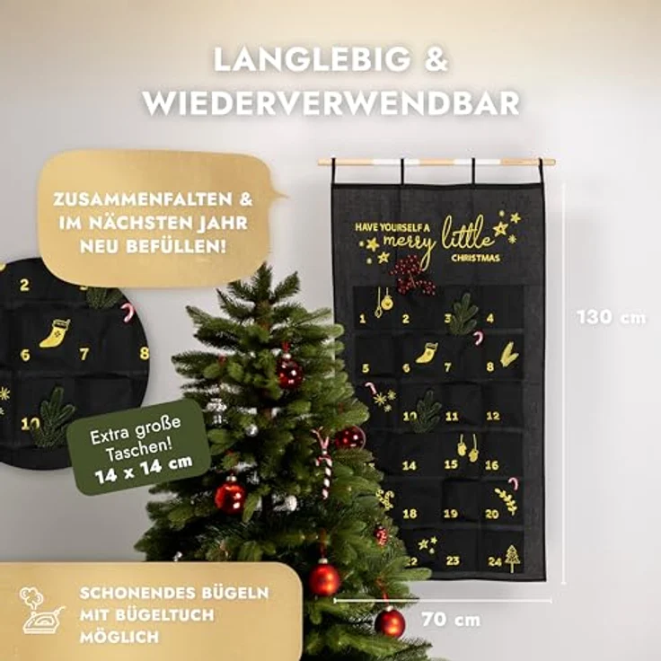 AMARI ® Adventskalender XXL Wandkalender (70 x 130 cm) mit 24 Fächern zum Befüllen, Stoff - Schwarz-Gold, inklusive E-Book für kreative Füllideen – Bild 2