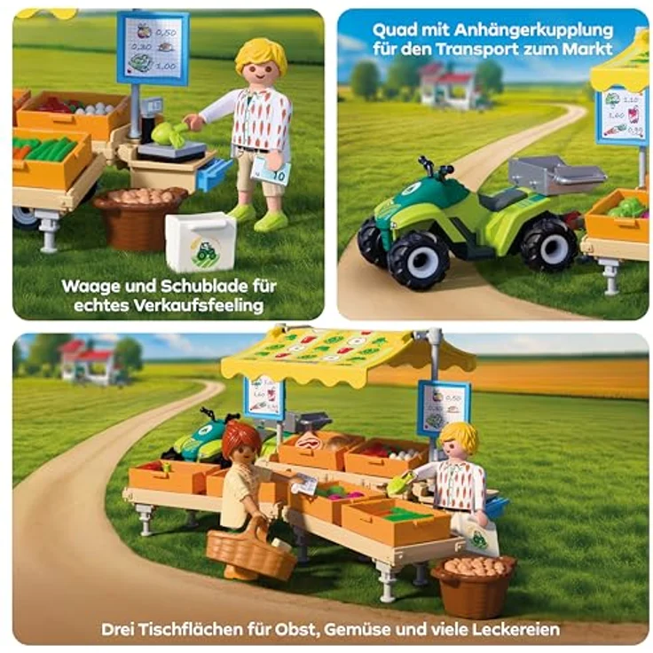 Playmobil Farm Stand 72164, mobiler Marktstand mit Quad, Aufklappbarer Markise und Zubehör – Bild 4
