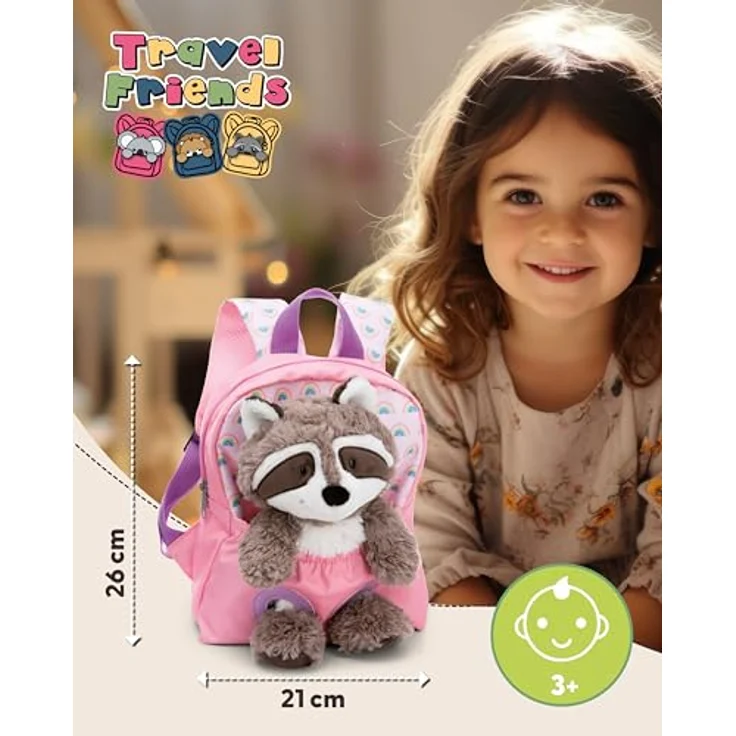 NICI Kinderrucksack rosa 2 in 1 mit Kuscheltier Waschbär 25cm - Weicher Rückenbereich & verstellbare Gurte – Bild 2