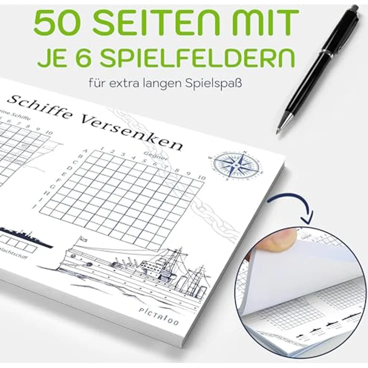 PICTALOO Schiffe Versenken Spielblock Set, 50 Blatt DIN A5, Reisespiel für unterwegs, Familienspiel für Jungen und Mädchen (2X) – Bild 4