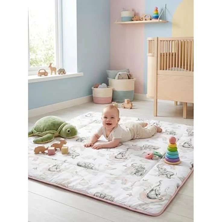 TupTam Krabbeldecke 120x120 cm - Gepolsterte Spieldecke aus 100% Baumwolle, OEKO-TEX, Weich & Hautfreundlich, Elefanten Regenbogen Grau Puderrosa – Bild 3
