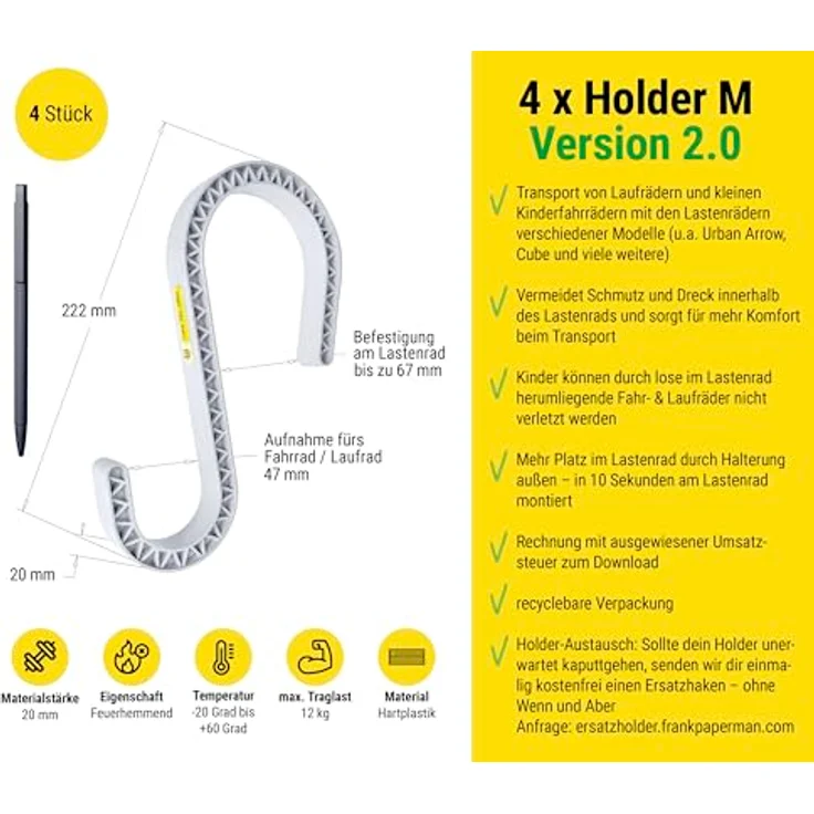 Frank Paperman Bike Holder M 2.0, Fahrradlastenanhänger Halterung für Kinderfahrräder und Laufräder, für Transportboxen bis 67 mm, robust und feuerhemmend – Bild 9