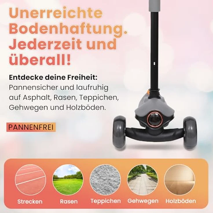 Habib Gruppe Kinderroller Tretroller 3-Rad, LED Frontlicht & Rücklicht, Höhenverstellbar & Faltbar, rutschfest, pannensicher, grau, für 3-10 Jahre – Bild 5