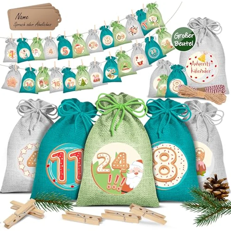 KESSER® Adventskalender zum Befüllen 24 Jutebeutel 20 x 12 cm Gedruckte Stoffbeutel Kinder Weihnachtskalender zum Selber Befüllen Inkl.. 24x Schildchen + 1 Großer Aufbewahrungsbeutel Stoff - Preisvergleich – Bild 1