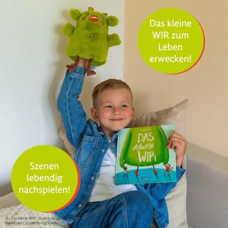 Bauer Spielwaren Das kleine WIR Handpuppe Kuscheltier, 20 cm, super kuscheliges grünes Fell, Stofftier für Kinder und Erwachsene – Bild 4