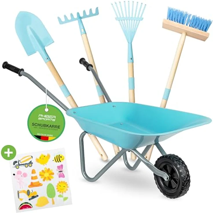 PHIBER-SPORTS Schubkarre Kinder aus Metall mit Gartenwerkzeug Set – inkl. Schaufel, Kinderbesen, Kinderrechen, Laubrechen, wetterfeste Sticker – perfekt für Garten & Strand – Bild 1