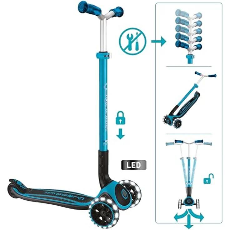 Globber ACE LIGHTS 667-100, Dreiradscooter mit Leuchtrollen und verstellbarem Lenker, blau – Bild 2