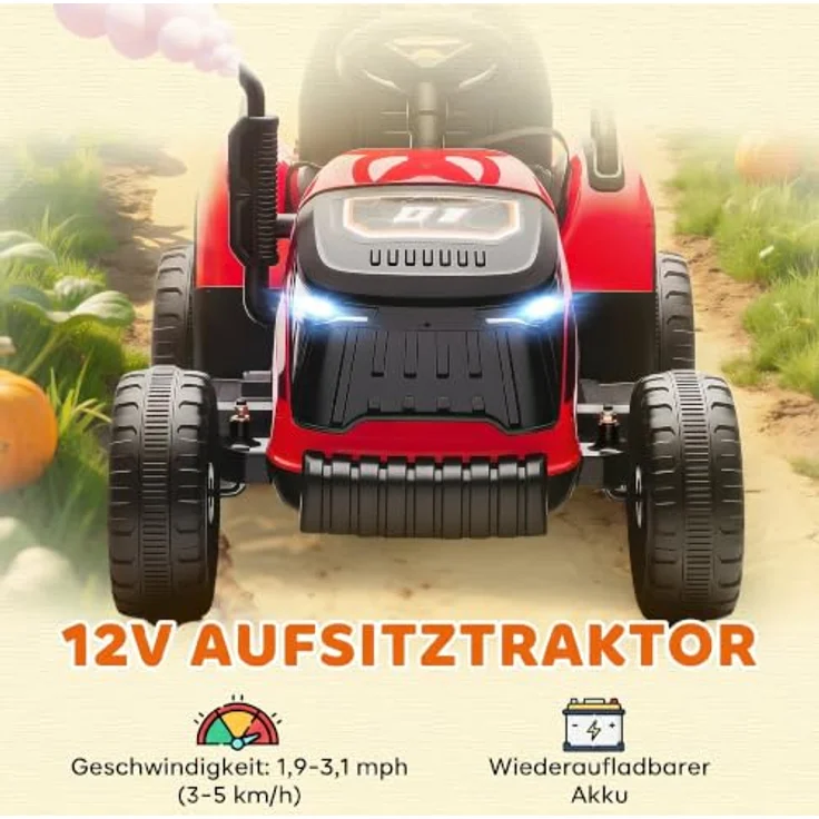AIYAPLAY Elektrischer Kinder Traktor mit Anhänger, 3-Gang, 2 Motoren, rot, für 3-8 Jahre – Bild 3