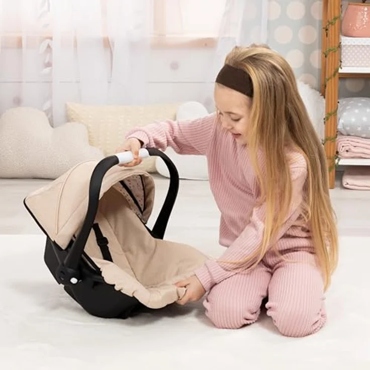 Bayer Design 67975AA Puppenautositz, Autositz für Puppen bis 46 cm mit Dach, verstellbarem Griff und Sicherheitsgurt, Beige – Bild 2