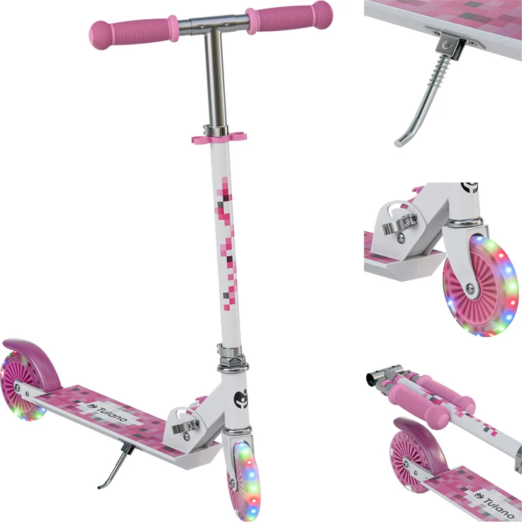 TULANO Zigzag 35 Kinder-Roller, klappbar, höhenverstellbar, mit selbstleuchtenden LED-Rädern, rosa