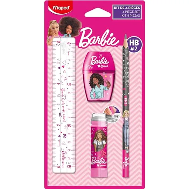 Maped - Schreib-Set, Schul-Set BARBIE, 4-tlg. - inkl. Lineal, Bleistift, Anspitzer und Radiergummi - Qualität/Haltbarkeit, Langlebigkeit, Robustheit, Flexible Gestaltung