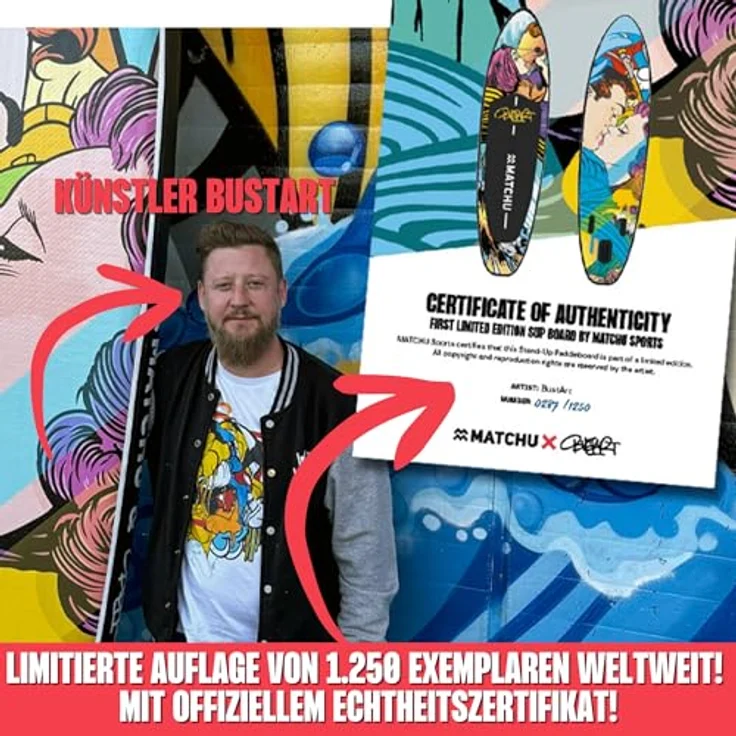 MATCHU Aufblasbares SUP Board - Paddelbrett, Limited Edition mit Zertifikat, Komplettset, 320x81x15 cm, belastbar bis 150 KG, Art Collection (BustArt Collection) – Bild 5