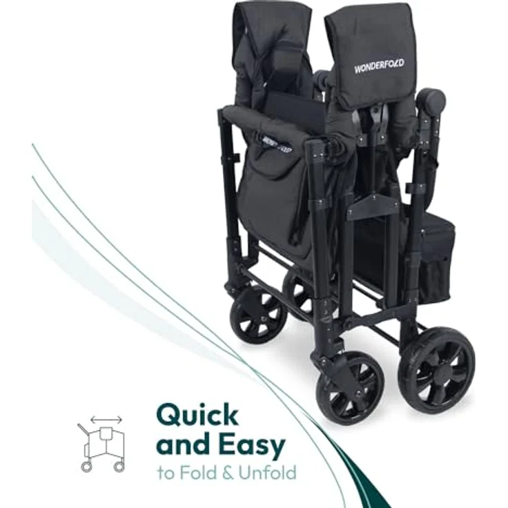 WONDERFOLD W4 Elite Quad Stroller Wagon, Volcanic Black - 4 Face-to-Face Seats, 5-Point Harnesses, Adjustable Push Handle, Removable UV-Protection Canopy – Bild 5