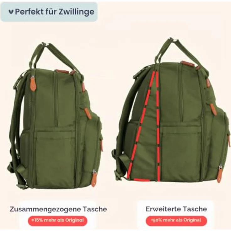 BabbleRoo Wickeltasche Rucksack, Wasserabweisend, 17 Taschen, große Kapazität (+50 %), mit Wickelauflage und Schnullerhalter, Reiserucksack für Mama & Papa – Bild 3