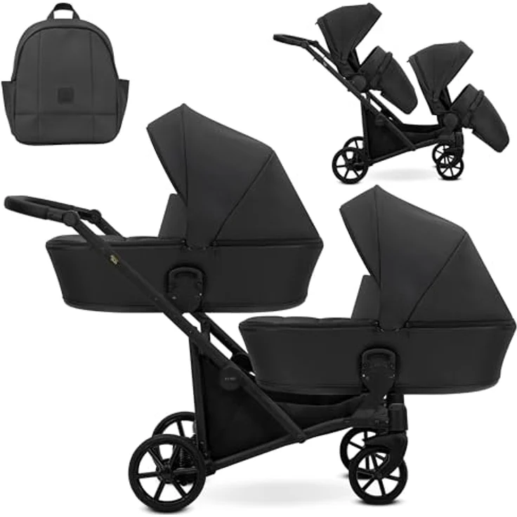 Kunert BRAV DUO Zwillingskinderwagen 2 in 1, Aluminiumrahmen mit Komfort- und Sicherheitsfeatures, schwarzes Kunstleder – Bild 1