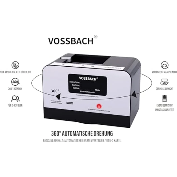 VOSSBACH Automatischer Akku Kartenverteiler Spielkarten Verteiler Kartendealer, Vielseitig einsetzbar für Poker und Blackjack, USB-C-Kabel für einfaches Aufladen, Schwarz – Bild 2