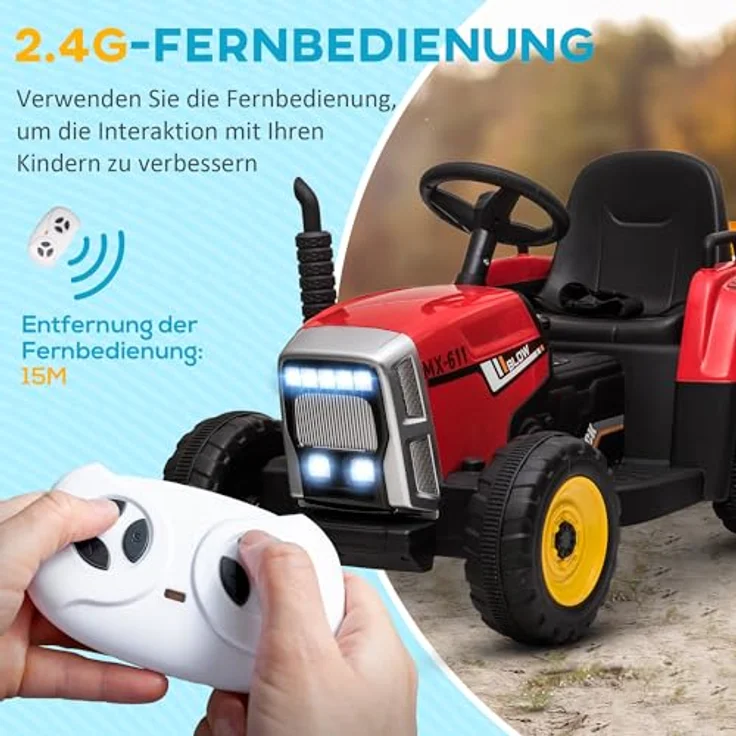 HOMCOM Elektro-Kinderauto Elektrischer Traktor mit Anhänger und Fernbedienung, Belastbarkeit 30 kg, für Garten und Balkon, Rot – Bild 4