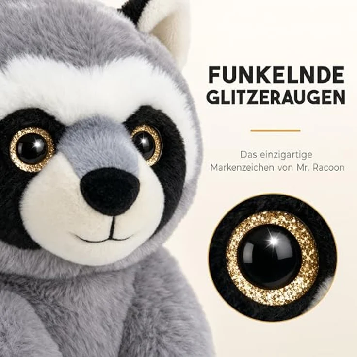 TE-IMPORTE Waschbär Plüschtier sitzend 27 cm grau mit glitzernden Augen, kuschelweich und waschbar – Bild 3