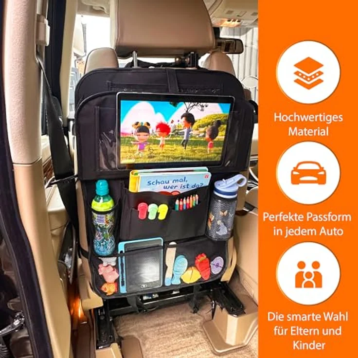 Lunaria Auto-Organizer & Rückenlehnenschutz, XXL mit 13" Tabletfach, Klapptisch & 11 Fächern für Kinder, ideal für lange Autofahrten, schwarz – Bild 3
