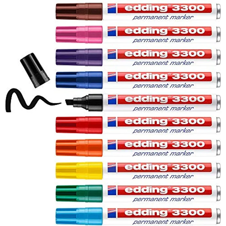 edding 3300 Permanentmarker - mehrfarbig - 10 Stifte - Keil-Spitze 1,5-3mm - schnell trocknender Permanent Marker - wasserfest, wischfest - für Karton, Kunststoff, Holz, Metall - Universalmarker – Bild 1