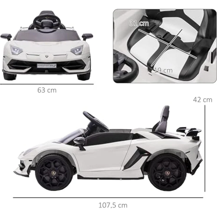 HOMCOM Elektro-Kinderauto Elektroauto mit MP3-Player, Leistungsanzeige, bis 30 kg, für 3-5 Jahre, 3-5 km/h, Weiß – Bild 5