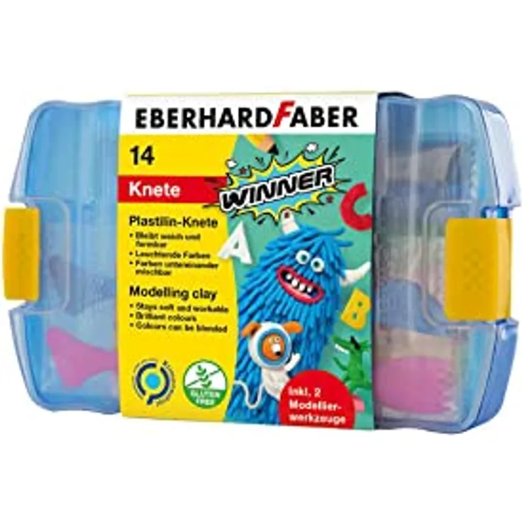 Eberhard Faber 572010 - Winner Plastilin-Knete in 7 leuchtenden Farben, Kunststoffbox mit 14 Knetstangen und 2 Modellierwerkzeugen, weich und formbar, für kreativen Bastel- und Knetspaß