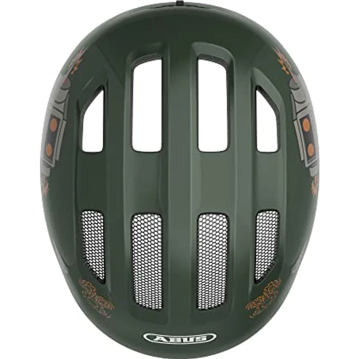 ABUS Kinderhelm Smiley 3.0 - Fahrradhelm mit tiefer Passform, kindergerechten Designs & Platz für einen Zopf - für Mädchen und Jungs - Grün mit Roboter-Muster, Größe M – Bild 4