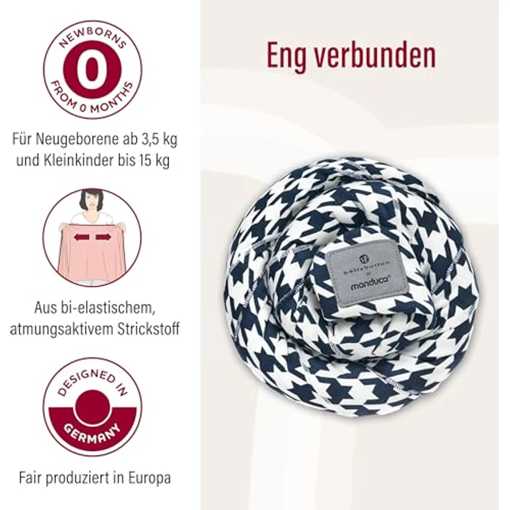 manduca Sling > Elastisches Babytragetuch mit GOTS Zertifikat < für Neugeborene ab Geburt (bellybutton® by manduca®, Pepita Navy) - Preisvergleich – Bild 3