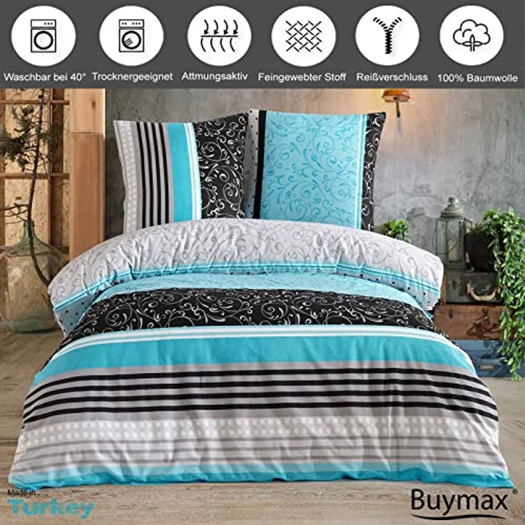 Buymax® Bettwäsche-Set 155x220 cm, 4-teilig aus 100% Baumwolle, ÖKO-TEX, Renforcé mit Reißverschluss, inkl. 2 Kissenbezüge 80x80 cm – Bild 2