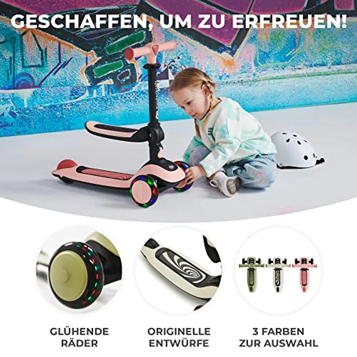 kk Kinderkraft Halley Scooter 2 in 1, Kinderroller ab 1 Jahr bis zu 50 kg, Tretroller, Dreirad Roller mit Klappbar Sitz, LED Räder, Höheverstellbare Lenker, Zusammenklappen, Modernes Design, Weiß – Bild 3