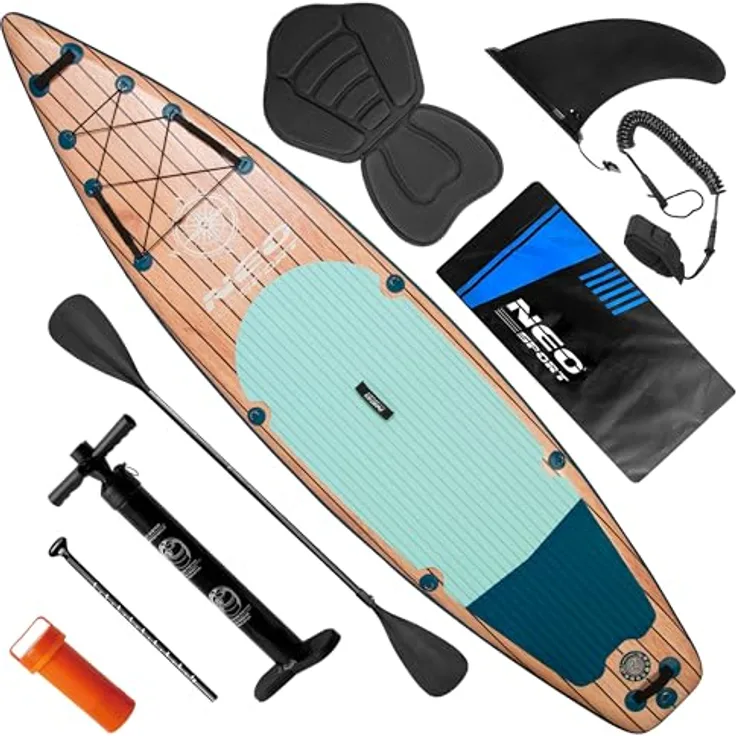 Neo-Sport Stand Up Paddle Board SUP Aufblasbar 350 cm, inkl. Zubehör und Sitz, braun-blau, langlebig und UV-beständig, maximale Tragfähigkeit 160 kg