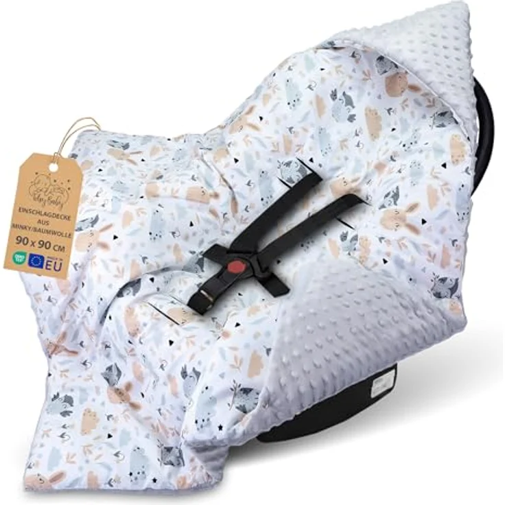 Einschlagdecke Babyschale Decke Kinderwagen 90x90cm - universal Baby Babydecke für Buggy Autositz Winter Baumwolle Minky Eulen Hellgrau – Bild 2
