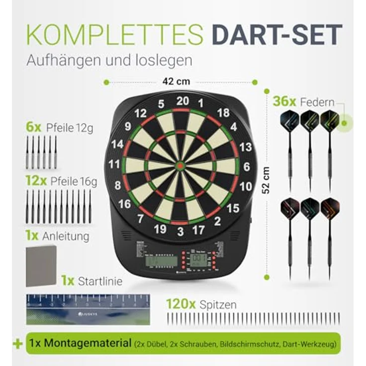 Juskys Elektronische Dartscheibe DART32, 32 Spiele & 359 Varianten, LCD-Display, USB-C, bis zu 8 Spieler, inkl. 18 Pfeilen & Zubehör, Netz- & Batteriebetrieb – Bild 3
