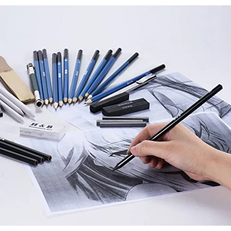 MALATEC Bleistift Skizzen Set 32-teilig, Zeichenset mit 12 Skizzenstiften, 6B Bleistift, 3 Kohlestiften, schwarz – Bild 3