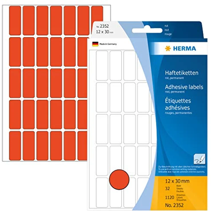 HERMA 2352 Etiketten rot, 32 Blatt, 12 x 30 mm, 35 pro Bogen, 1120 Aufkleber, selbstklebend, Vielzweck Klebeetiketten zum Beschriften, Universal Haftetiketten aus Papier, blanko – Bild 1