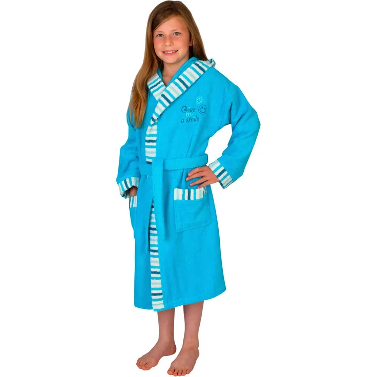 Wörner Kinderbademantel Smile aqua, Langform, Baumwoll-Webfrottier, Kapuze, Gürtel, mit Stickerei