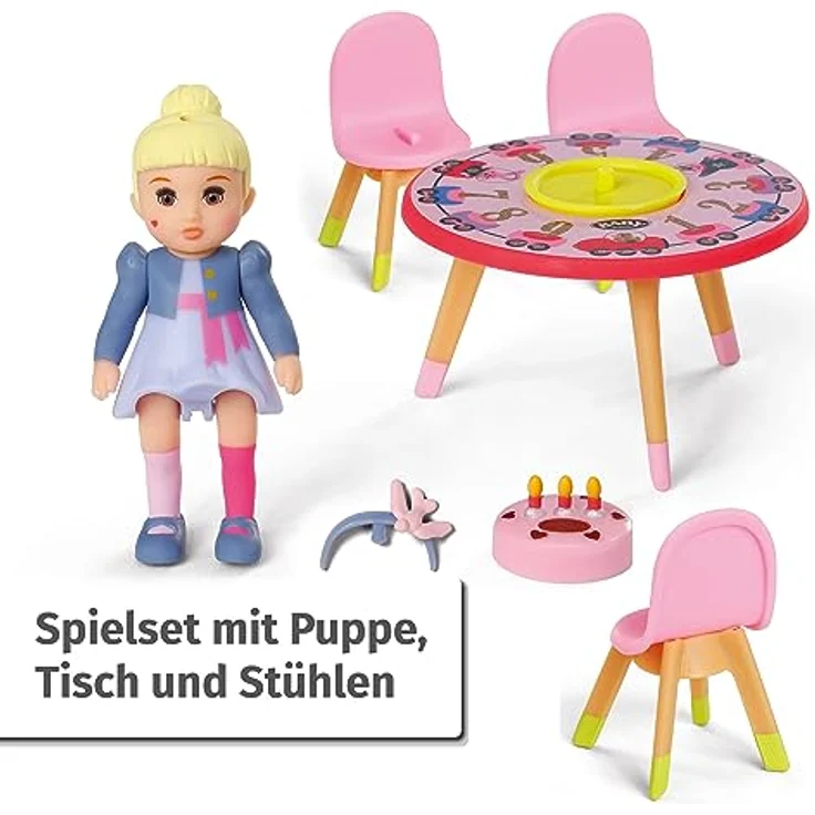 BABY born Minis, Minipuppe mit Geburtstagstisch, Spielset Happy Birthday, 7 cm große Puppe Lea mit Tisch, Kuchen, Torte und Stühlen, 906170, Zapf Creation – Bild 2