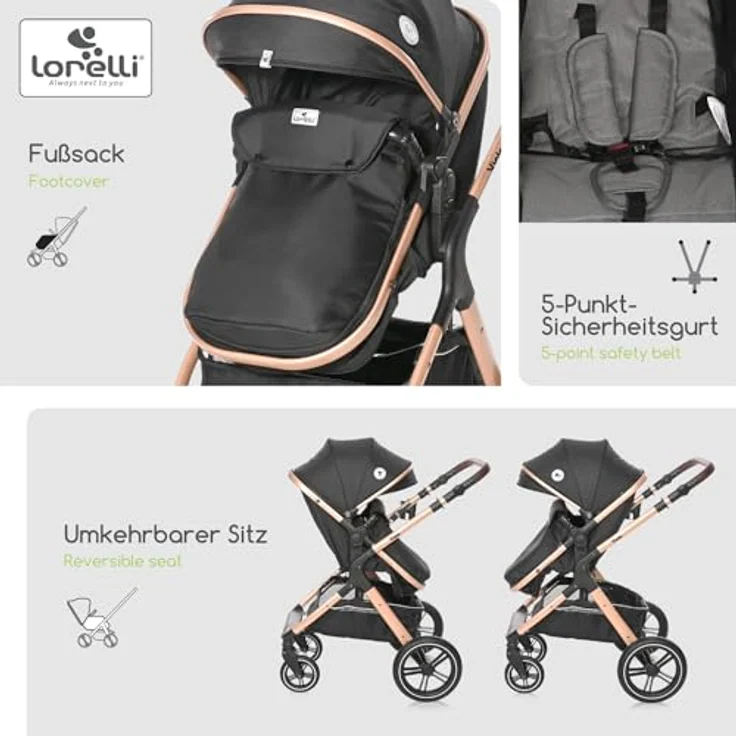 Lorelli Viola Kinderwagen 2 in 1, Umwandelbar in Sportsitz, Baby Kombikinderwagen bis 22kg, Große Gummireifen, Schwarz – Bild 3