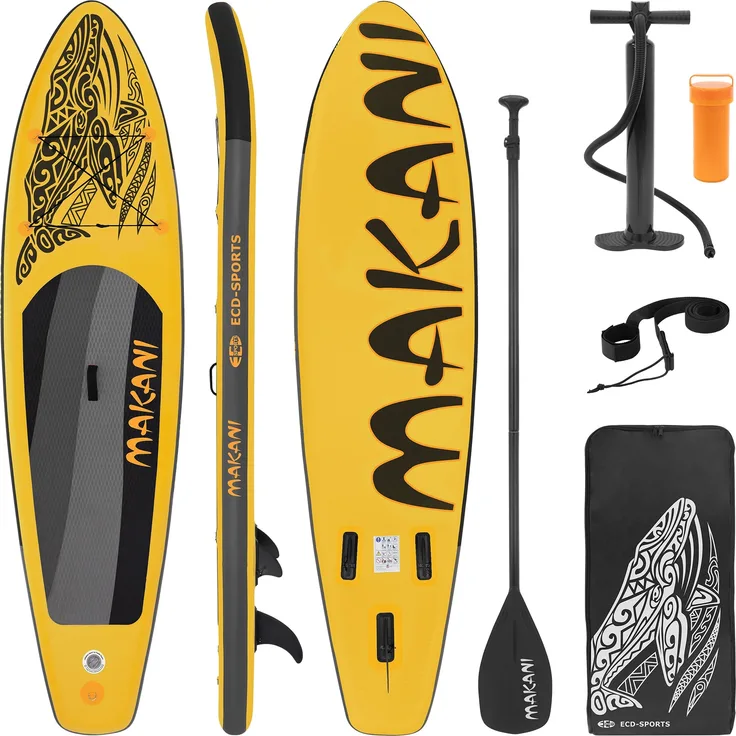 ECD Germany Aufblasbares Stand Up Paddle Board Makani, 320 x 80 x 15 cm, Gelb, PVC, Traglast bis 120 kg, Komplett-Set inklusive Pumpe und Tragetasche