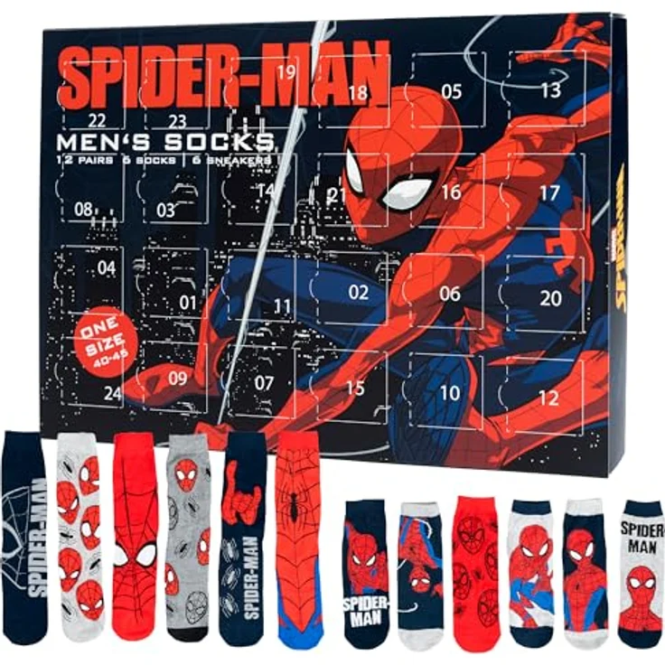 United Labels Marvel Spiderman Adventskalender mit 12 Paar Socken Größe 40-45 für Herren, Weihnachtskalender mit Sneakers und langen Socken, Spiderman Motiv – Bild 1