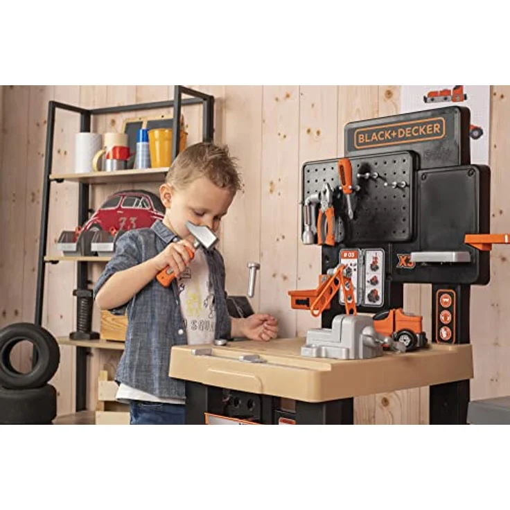 Smoby Toys - Black+Decker Mega Werkbank Center (100 Teile) - Spielzeug-Werkstatt für Kinder ab 3 Jahren mit Werkzeug, Nagelbrett, Autobausatz & mechanischem Akkuschrauber – Bild 10