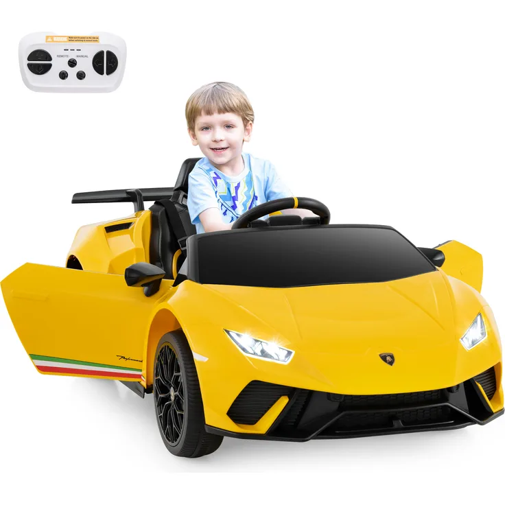 Dreamade Lamborghini Kinder Elektroauto, 12 V Batteriebetriebenes Elektrisches Fahrzeug mit Fernbedienung, LED-Leuchten, Musik, Sanftem Start, Gelb