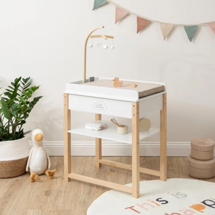 Ella & Piet Puppenwickeltisch Splashy mit Badewanne und Mobile aus Holz (Weiß-Schlamm) - Puppenmöbel mit modernem Design, Schäfchen Mobile und herausnehmbarer Wanne – Bild 3