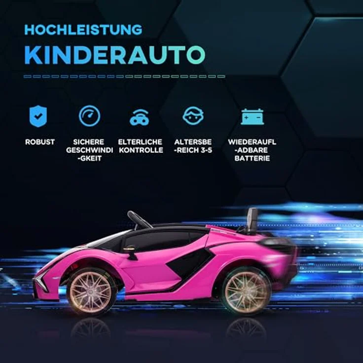 HOMCOM Lamborghini SIAN SUV-Elektroauto, 12V mit Fernbedienung, Musik (MP3/USB), LED-Lichtern, rosa, 108 x 62 x 40 cm, für Kinder 37-60 Monate – Bild 3