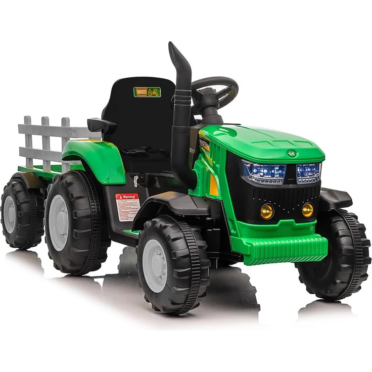 Garvee Elektrischer Traktor mit Anhänger, 12V Kinder Aufsitztraktor mit LED, Musik, Hupe, Doppeltem 35W Motor, Fernbedienung, 3-6 km/h, Grün