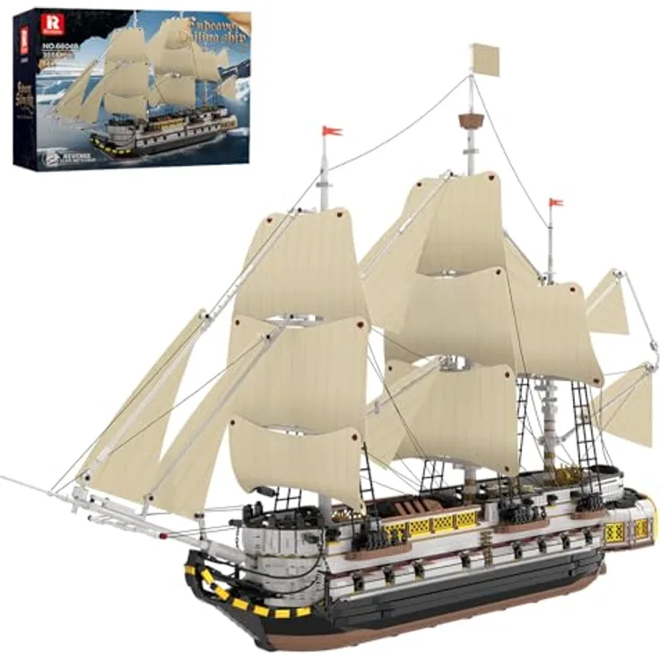 Reobrix Großes Segelschiff Modellbaustein Set 66048, historisches Segelboot mit 3555 Teilen, 109 cm Rumpf, 73 cm Mast, Heimdekoration, Geschenk für Sammler
