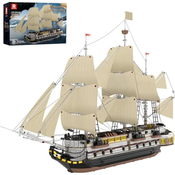 Reobrix Großes Segelschiff Modellbaustein Set 66048, historisches Segelboot mit 3555 Teilen, 109 cm Rumpf, 73 cm Mast, Heimdekoration, Geschenk für Sammler – Bild 1