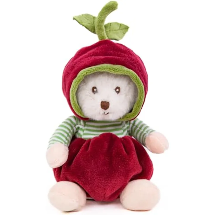 Teddys Rothenburg Bukowski Teddybär Ziggy, 15 cm Stoffteddybär in dunkelrot/grün mit Kirschkostüm, handwaschbar bis 30°C, designed in Sweden