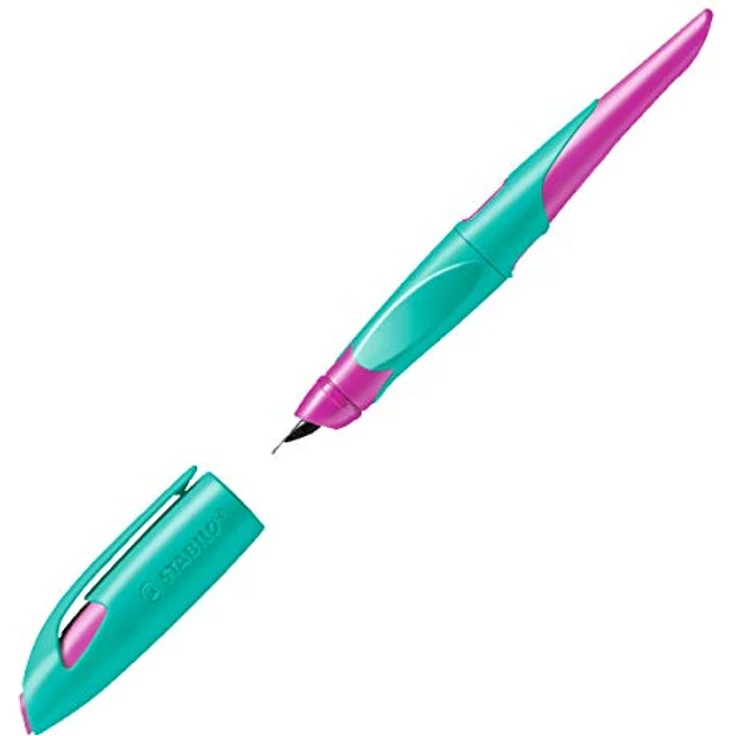 Ergonomischer Schulfüller für Rechtshänder mit Anfänger-Feder A - STABILO EASYbirdy in türkis/neonpink - Einzelstift - inklusive Patrone - Schreibfarbe blau (löschbar) – Bild 2